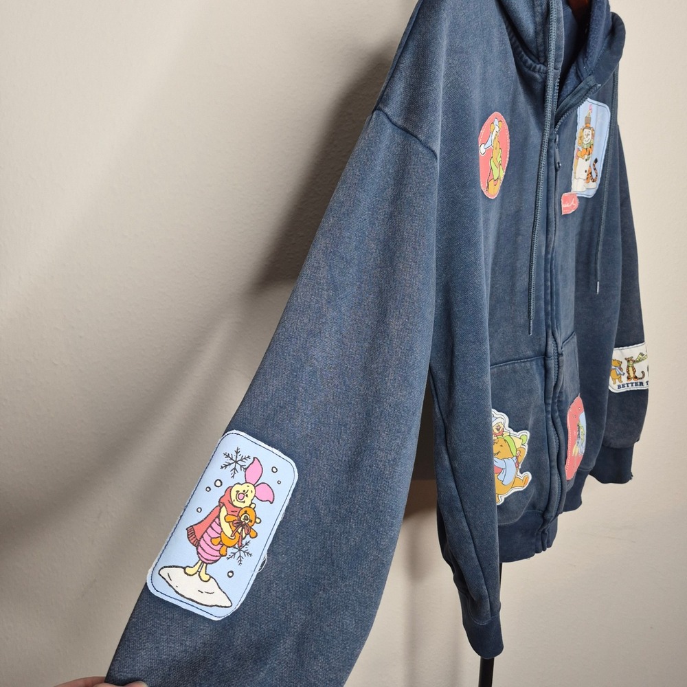 Disney Winnie the Pooh Navy Mineral Wash Zip Hoodie Patch Tigger Piglet Eeyore - Picture 3 of 8